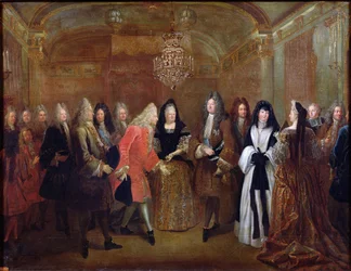 Lodewijk XIV (1638-1715) verwelkomt de keurvorst van Saksen, Frederik Augustus II (1670-1733) in Fontainebleau, 27 september 1714, 1715